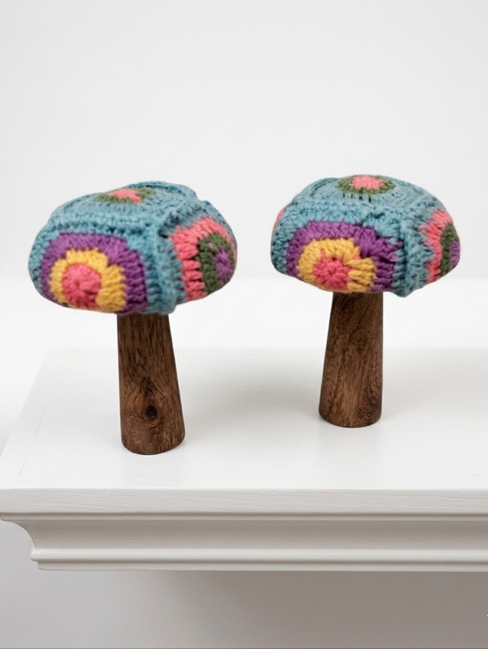 World Market Boho Crochet & Wood Mushroom Tabletop Decor Set NWT Cottagecore